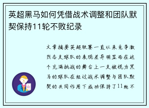 英超黑马如何凭借战术调整和团队默契保持11轮不败纪录 英超黑马如何凭借战术调整和团队默契保持11轮不败纪录