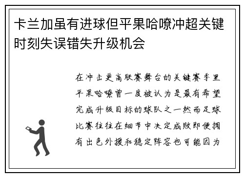 卡兰加虽有进球但平果哈嘹冲超关键时刻失误错失升级机会 卡兰加虽有进球但平果哈嘹冲超关键时刻失误错失升级机会