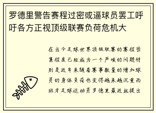 罗德里警告赛程过密或逼球员罢工呼吁各方正视顶级联赛负荷危机大 罗德里警告赛程过密或逼球员罢工呼吁各方正视顶级联赛负荷危机大